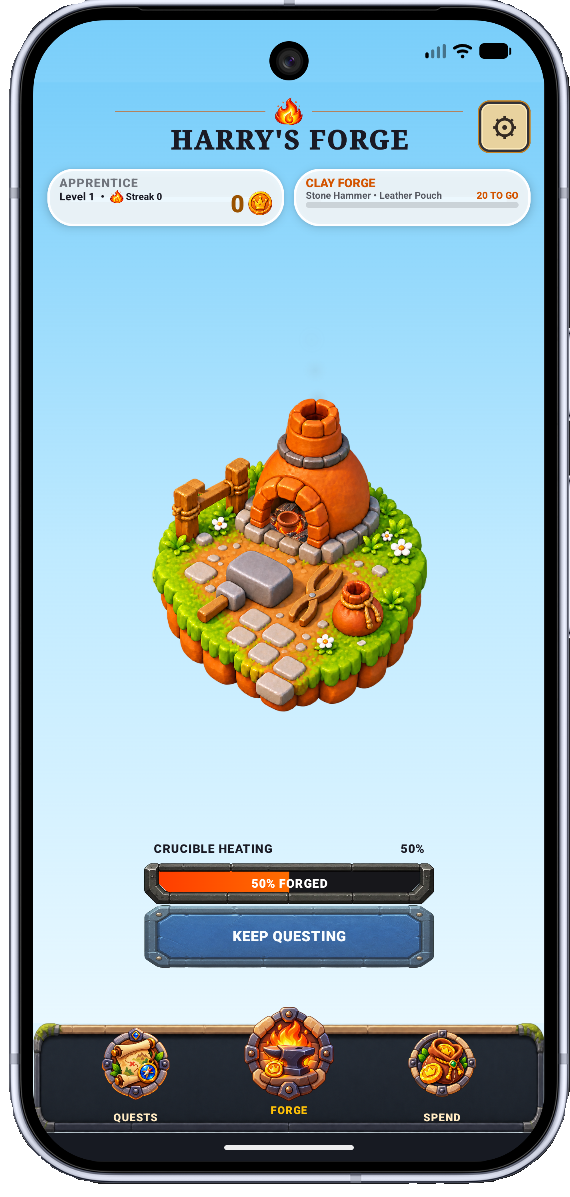 The Forge — turn completed quests and achievements into heat and virtual gold.